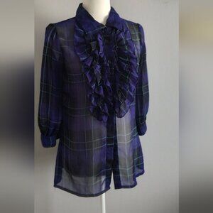 Top Blouse Sheer,size  Medium Drama Gold Color purple good condition Ruffles